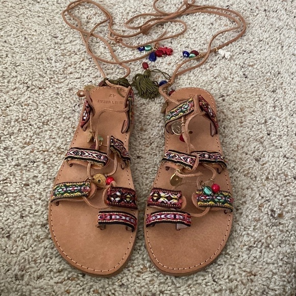 Dimitra’s Workshop Shoes - Dimitra’s Workshop Handmade Leather Lace up Grecian Sandals Size 11 / 42